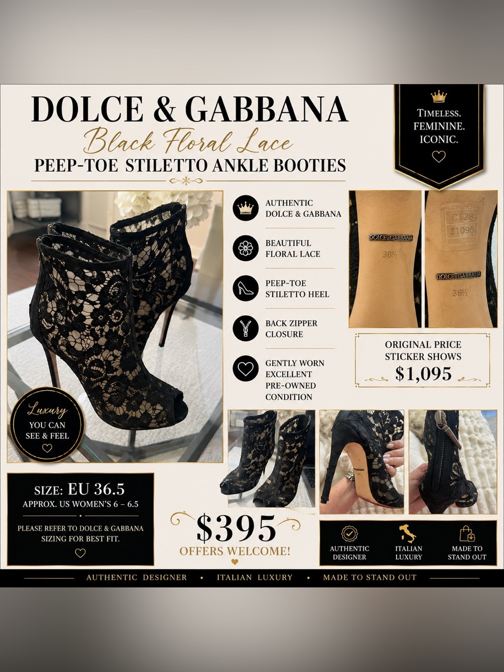 Dolce & Gabbana Black Floral Lace Peep-Toe Stiletto Booties